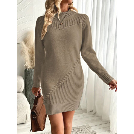 Lucky Life Kadın  Uzun Kollu Yuvarlak Yaka Mini Triko Elbise