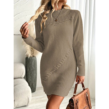 Lucky Life Kadın  Uzun Kollu Yuvarlak Yaka Mini Triko Elbise