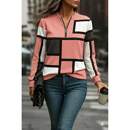 Lucky Life Lucky Life Kadın Uzun Kollu Yakadan Fermuarlı Desenli şardonlu Dalgıç Bluz