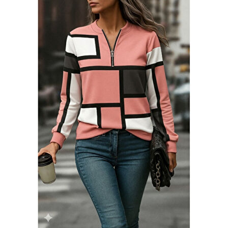 Lucky Life Lucky Life Kadın Uzun Kollu Yakadan Fermuarlı Desenli şardonlu Dalgıç Bluz