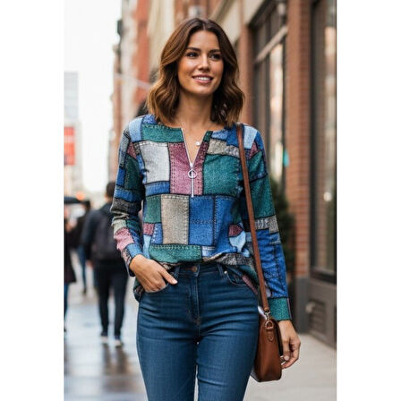 Lucky Life Lucky Life Kadın Uzun Kollu Yakadan Fermuarlı Kot Görünüm Desenli Uzun Modal Bluz