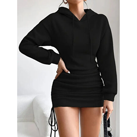 Lucky Life Kadın Uzun Kollu Kapşonlu Yandan Büzgülü Mini Viskon Iki Iplik Elbise