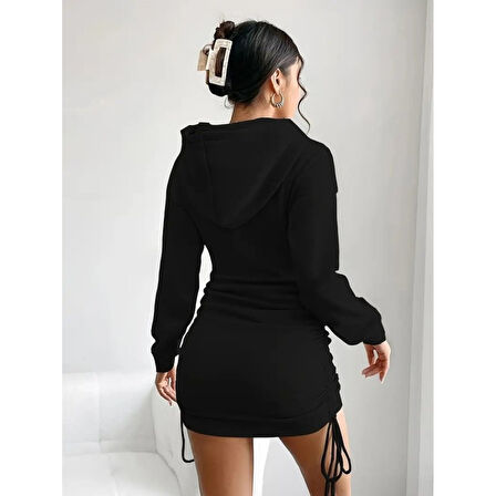 Lucky Life Kadın Uzun Kollu Kapşonlu Yandan Büzgülü Mini Viskon Iki Iplik Elbise