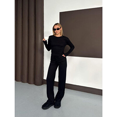 Lucky Life Kadın Bisiklet Yaka Parmak Geçme Detay Uzun Kollu Bluz Ve Pantolon Ikili Takım