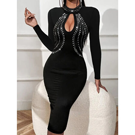 Lucky Life Kadın Uzun Kollu Balıkçı Yaka Taşlı Damla Detay Midi Ithal Krep Elbise