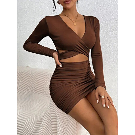 Lucky Life Kadın Uzun Kollu çapraz Dekolte Detaylı Mini Sandy Elbise