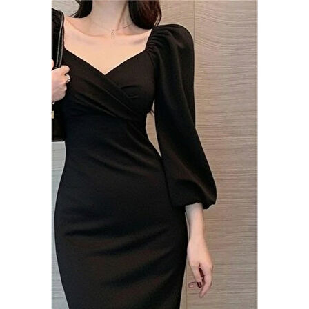 Lucky Life Lucky Life Kadın Uzun Kollu Kalp Yakalı Midi Ithal Krep Elbise