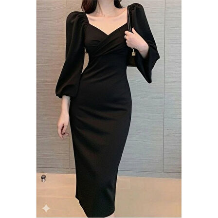 Lucky Life Lucky Life Kadın Uzun Kollu Kalp Yakalı Midi Ithal Krep Elbise