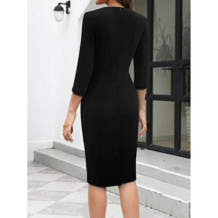 Lucky Life Lucky Life Kadın Fakir Kollu V Yakalı Dantel Detaylı Midi Janjan Krep Elbise