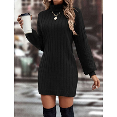 Lucky Life Kadın Uzun Kollu Boğazlı Uzun Balon Kol Triko Mini Elbise