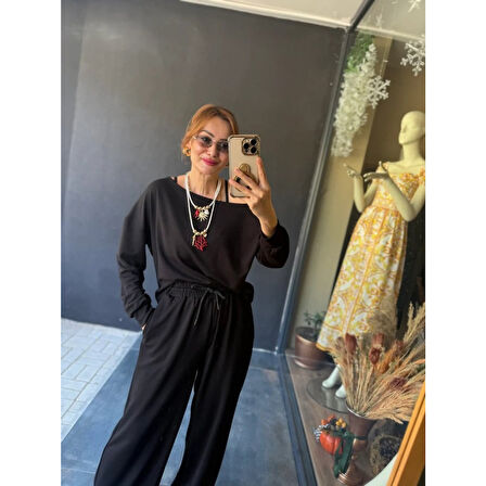 Lucky Life Kadın Uzun Kollu Tek Omuzdan Açık Viskon Iki Iplik Bluz Ve Pantolon Ikili Takım