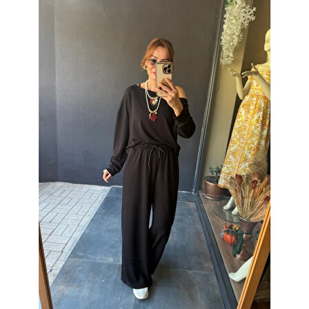 Lucky Life Kadın Uzun Kollu Tek Omuzdan Açık Viskon Iki Iplik Bluz Ve Pantolon Ikili Takım