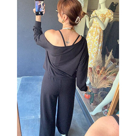 Lucky Life Kadın Uzun Kollu Tek Omuzdan Açık Viskon Iki Iplik Bluz Ve Pantolon Ikili Takım