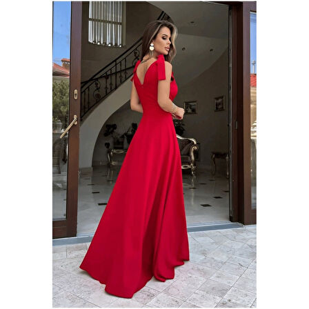 Lucky Life Kadın Askılı Omuzdan Bağlamalı Kruvaze Yakalı Uzun Yırtmaçlı Janjan Krep Elbise