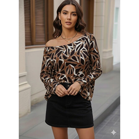 Lucky Life Kadın Uzun Kollu V Yaka Düşük Omuz Geometrik Desen şardonlu Dalgıç Bluz