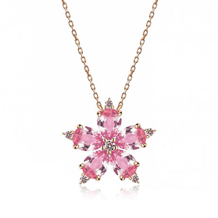 Gümüş Rose Pembe Kamelya Çiçeği Kolye