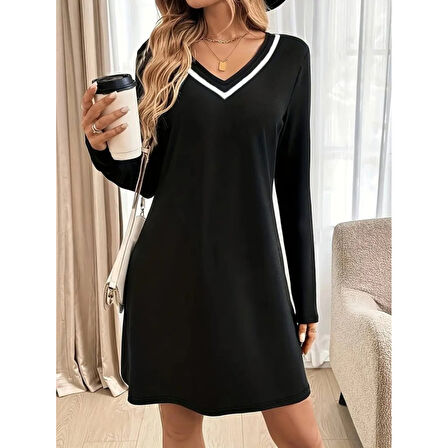 Lucky Life Kadın Uzun Kollu V şerit Yakalı Kısa Viskon Iki Iplik Elbise