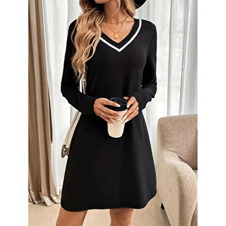 Lucky Life Kadın Uzun Kollu V şerit Yakalı Kısa Viskon Iki Iplik Elbise