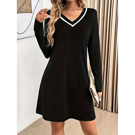 Lucky Life Kadın Uzun Kollu V şerit Yakalı Kısa Viskon Iki Iplik Elbise