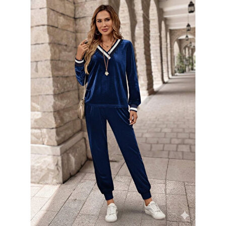 Lucky Life Kadın Uzun Kollu V Yaka Kadife Bluz Ve Pantolon Ikili Takım