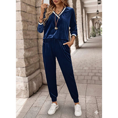 Lucky Life Kadın Uzun Kollu V Yaka Kadife Bluz Ve Pantolon Ikili Takım