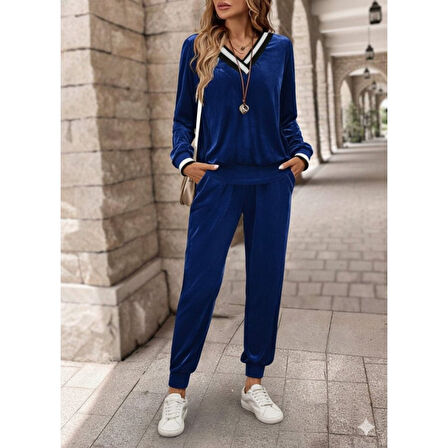 Lucky Life Kadın Uzun Kollu V Yaka Kadife Bluz Ve Pantolon Ikili Takım