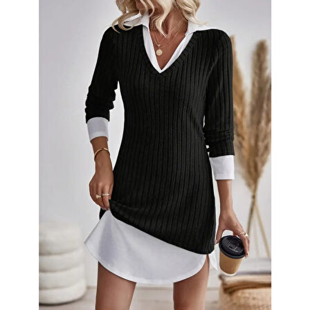 Lucky Life Kadın  Uzun Kollu Yakalı şardonlu Kaşkorse Dokuma Detaylı Elbise