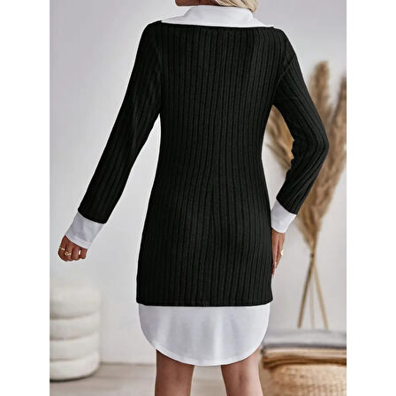 Lucky Life Kadın  Uzun Kollu Yakalı şardonlu Kaşkorse Dokuma Detaylı Elbise