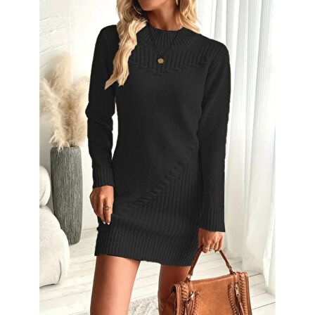 Lucky Life Kadın  Uzun Kollu Yuvarlak Yaka Mini Triko Elbise