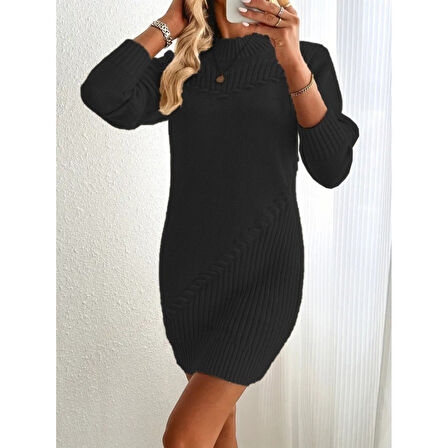 Lucky Life Kadın  Uzun Kollu Yuvarlak Yaka Mini Triko Elbise