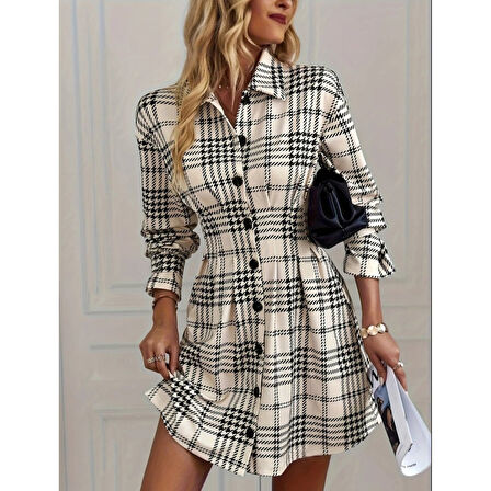 Lucky Life Kadın Uzun Kollu Yakalı önü Düğmeli Mini Modal Elbise