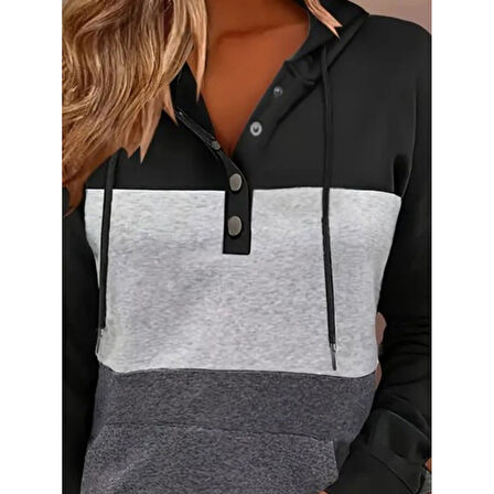 Lucky Life Kadın Uzun Kollu Kapşonlu çok Renkli Iki Iplik Bluz