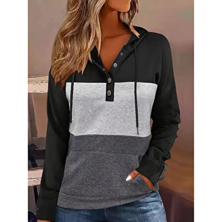 Lucky Life Kadın Uzun Kollu Kapşonlu çok Renkli Iki Iplik Bluz