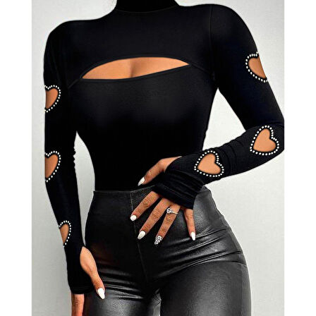 Lucky Life Kadın Uzun Kollu Yarı Balıkçı Yaka Pencere Detaylı Kolları Kalp Desen Taşlı Viskon Bluz