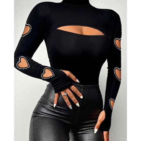 Lucky Life Kadın Uzun Kollu Yarı Balıkçı Yaka Pencere Detaylı Kolları Kalp Desen Taşlı Viskon Bluz