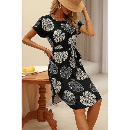 Lucky Life Kadın Kısa Kollu Bisiklet Yaka Desenli Kuşaklı örme Krep Midi Elbise