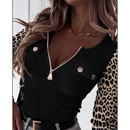 Lucky Life Kadın Uzun Kollu Leopar Desenli Fermuarlı önden Cep Ve Düğme Detaylı Kaşkorse Bluz