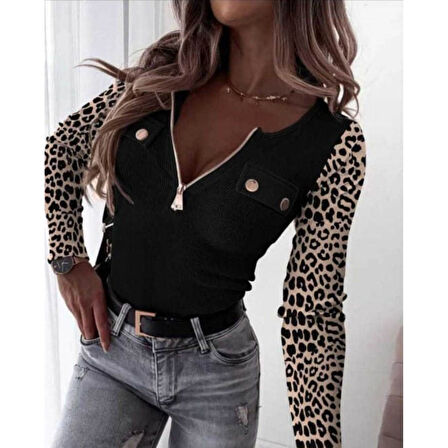 Lucky Life Kadın Uzun Kollu Leopar Desenli Fermuarlı önden Cep Ve Düğme Detaylı Kaşkorse Bluz