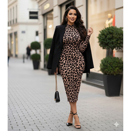 Lucky Life Kadın Uzun Kollu Balıkçı Yaka Leopar Desenli Midi Boy Elbise