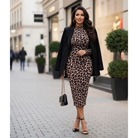 Lucky Life Kadın Uzun Kollu Balıkçı Yaka Leopar Desenli Midi Boy Elbise