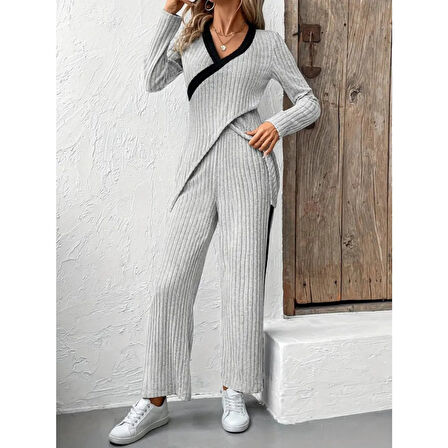 Lucky Life Kadın Uzun Kollu V Yakalı çapraz Detaylı şardonlu Kaşkorse Bluz Ve Pantolon Ikili Takım