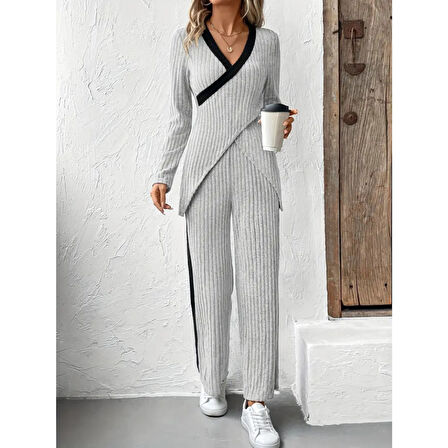 Lucky Life Kadın Uzun Kollu V Yakalı çapraz Detaylı şardonlu Kaşkorse Bluz Ve Pantolon Ikili Takım