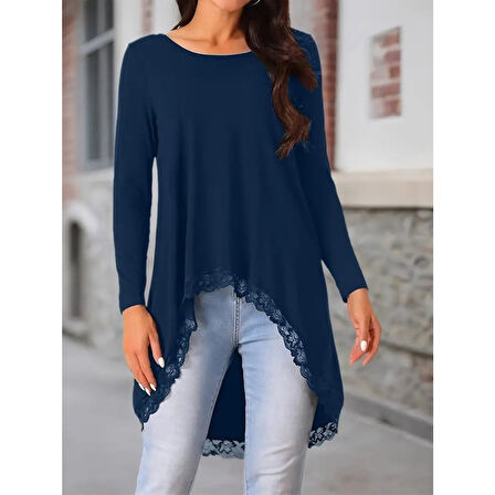 Lucky Life Kadın Uzun Kollu Bisiklet Yaka Asimetrik Kesim Detaylı Dantelli Viskon Bluz