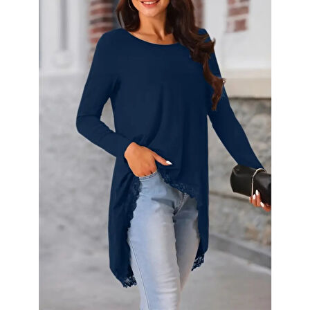 Lucky Life Kadın Uzun Kollu Bisiklet Yaka Asimetrik Kesim Detaylı Dantelli Viskon Bluz