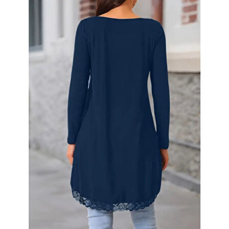 Lucky Life Kadın Uzun Kollu Bisiklet Yaka Asimetrik Kesim Detaylı Dantelli Viskon Bluz