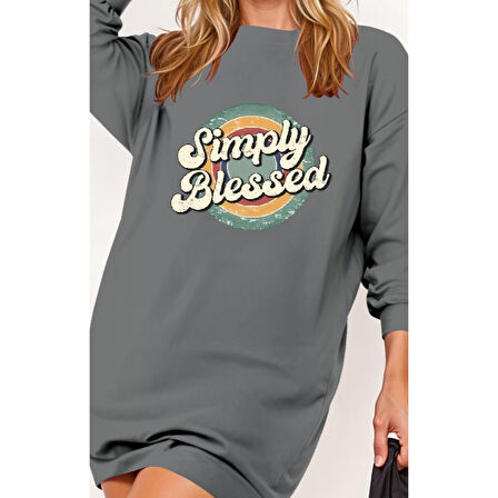 Lucky Life Kadın Uzun Kollu Bisiklet Yaka Yazılı Viskon Iki Iplik Elbise