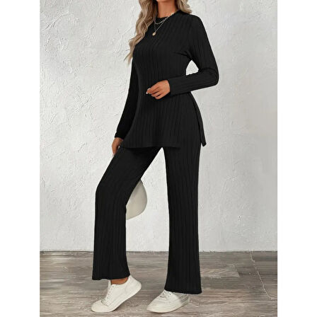 Lucky Life Kadın Uzun Kollu Bisiklet Yaka Yandan Yırtmaçlı şardonlu Kaşkorse Bluz Ve Pantolon Ikili Takım