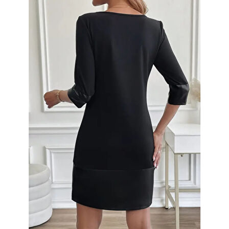 Lucky Life Kadın Uzun Kollu Bisiklet Yaka Deri Detaylı Ithal Krep Elbise