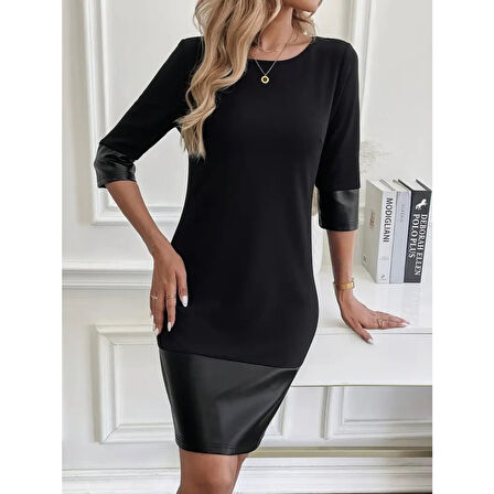 Lucky Life Kadın Uzun Kollu Bisiklet Yaka Deri Detaylı Ithal Krep Elbise