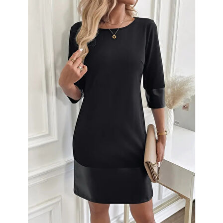 Lucky Life Kadın Uzun Kollu Bisiklet Yaka Deri Detaylı Ithal Krep Elbise